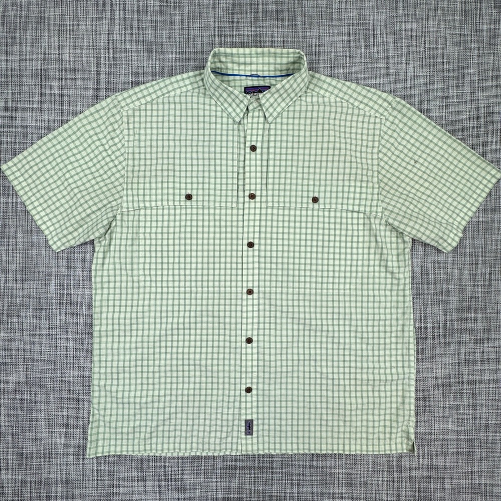 Patagonia Mens XL Island Hopper Shirt Green Plaid Short Sleeve Fishing Button Up